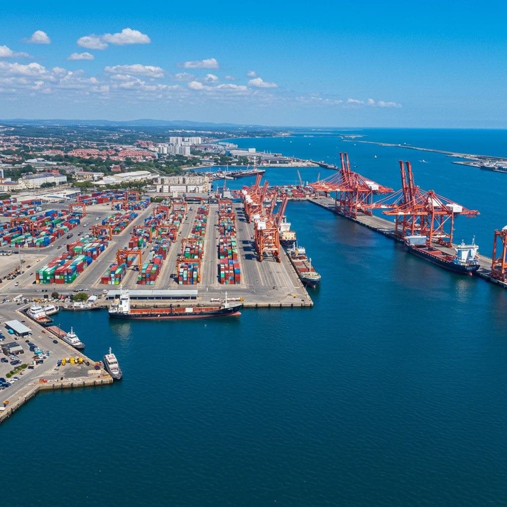 Container terminal at sunrise with gantry cranes working a berth