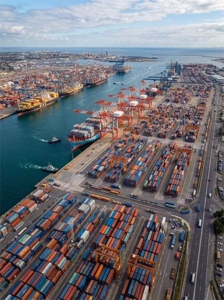 Aerial view of a deepwater container berth with quay cranes working a vessel