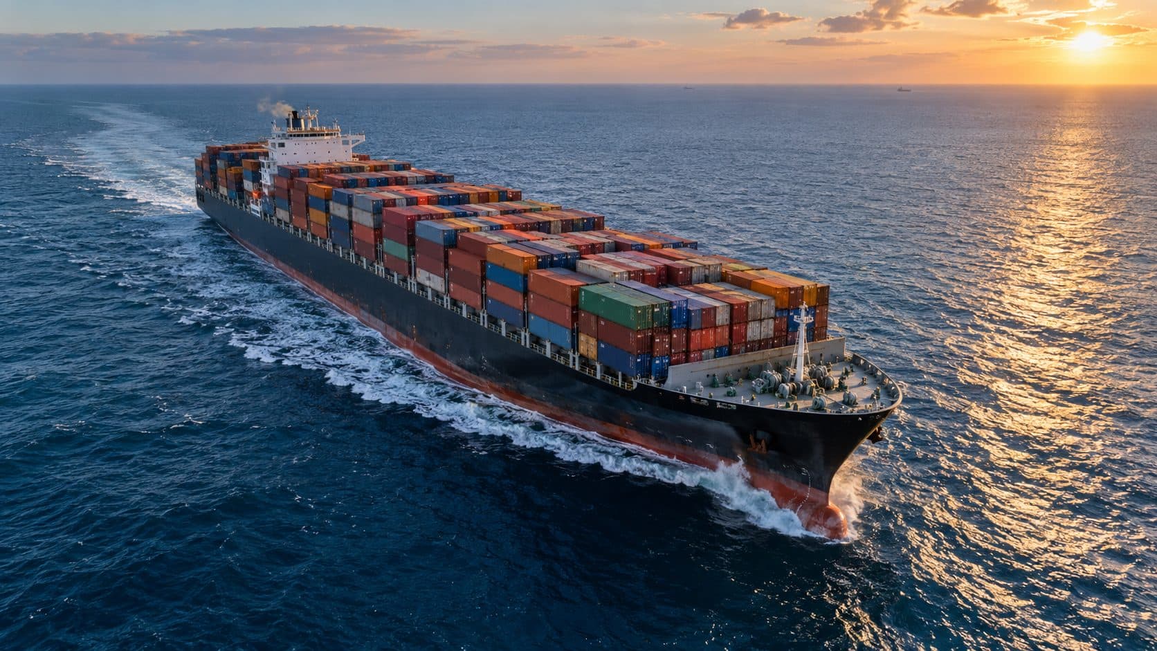 Container vessel under way in open water, seen from the air